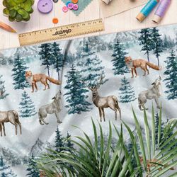 Ткань шелк Армани животные в заснеженном лесу