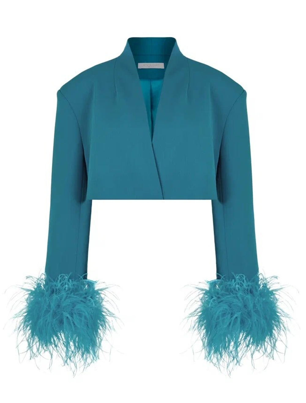Жакет укороченный с перьями на рукавах, бирюзовый