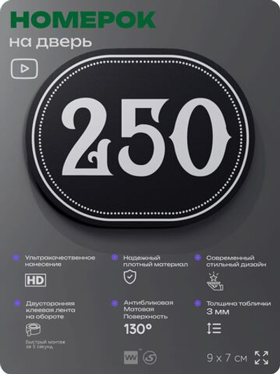 Номерок на дверь квартиры 250, для кабинета, офиса, шильдик 9 х 7 см, черный, Айдентика Технолоджи