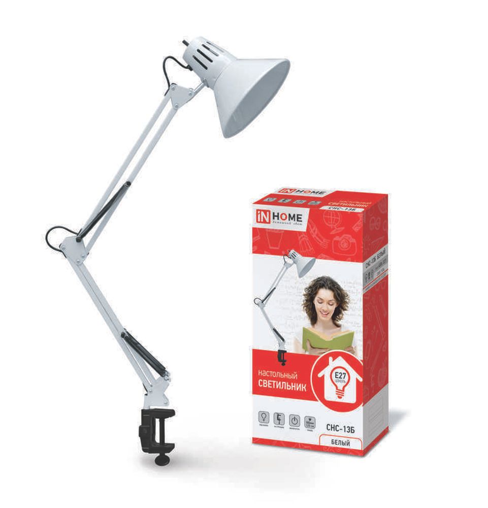Светильник настольный СНС 13Б 60Вт E27 230В под лампу на струбцине бел. (кор.) IN HOME 4690612012728 Светильник настольный СНС 13Б 60Вт E27 230В под лампу на струбцине бел. (кор.) IN HOME 4690612012728