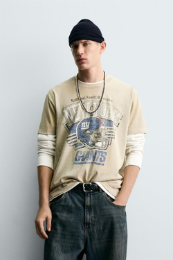 ZARA ФУТБОЛКА С ЭФФЕКТОМ ПОТЕРТОСТИ NFL NEW YORK GIANTS, СЕРЫЙ МЕЛАНЖ