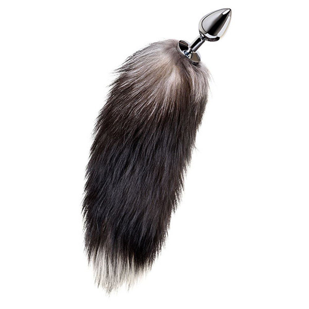 Серебристая металлическая анальная втулка 45см с хвостом чернобурой лисы размер M ToyFa Metal 712026-M