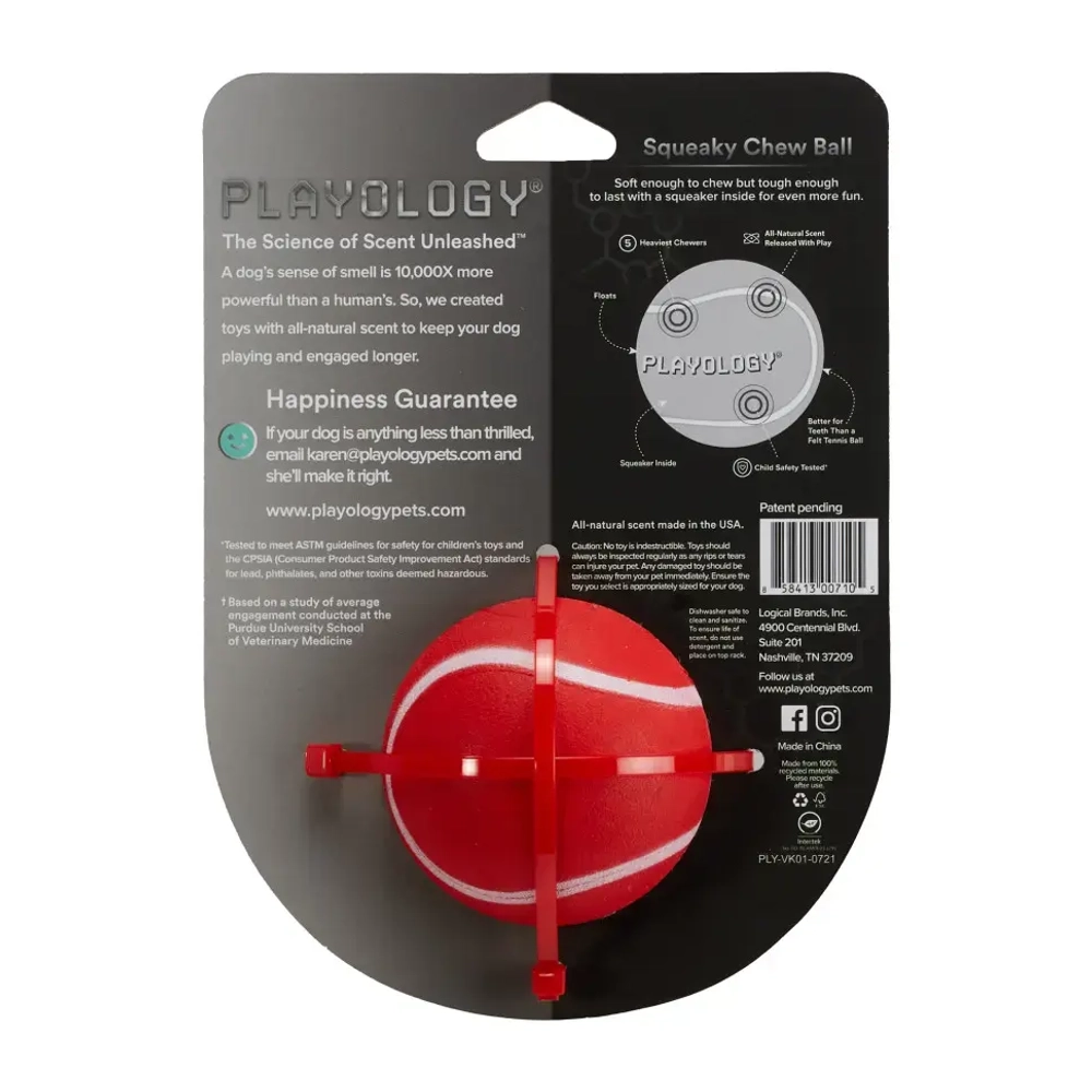Playology squeaky chew ball хрустящий жевательный мяч для собак с пищалкой и с ароматом говядины, 6 см, красный