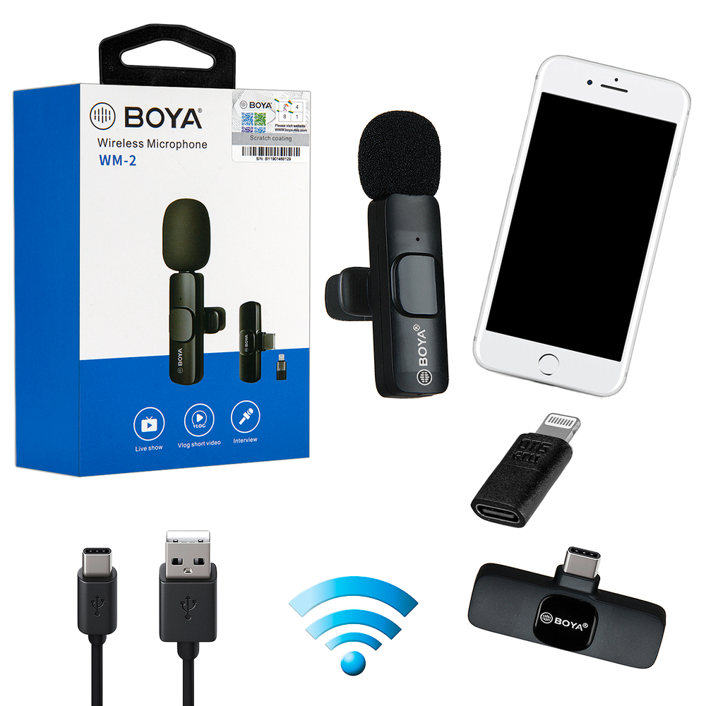 Беспроводной петличный микрофон BOYA WM-2 Type-C +Lightning (черный)