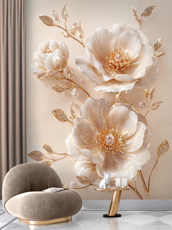 3D фотообои бежевые цветы и золотые растения