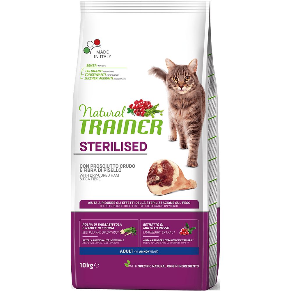 Сухой корм Trainer Natural CAT STERILISED ADULT WITH DRY-CURED HAM AND PEA FIBRE для стерилизованных кошек с сыровяленой ветчиной и горохом 10 кг