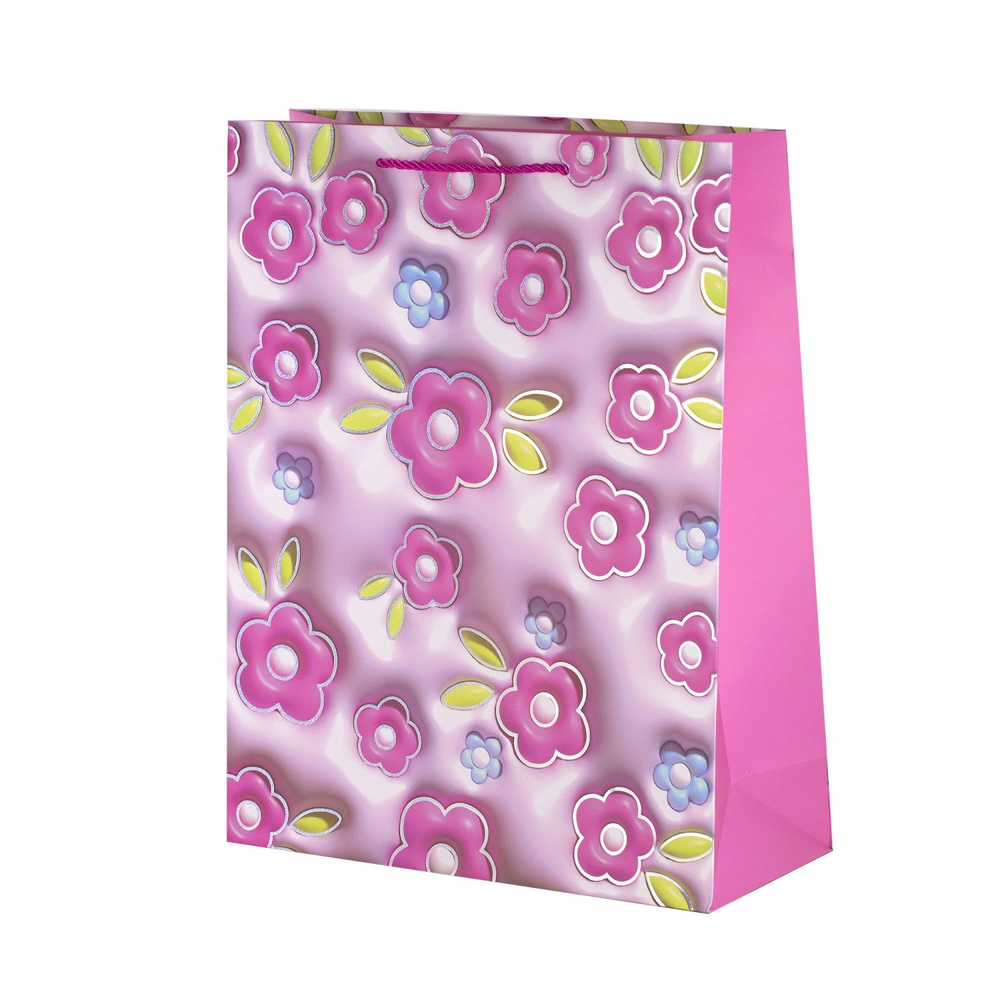 Пакет подарочный бумажный Alingar, (L+) 26х32х10 см, вертикальный, "Нежные цветочки", матов. ламинация, тиснение голография, эффект 3D, ассорти