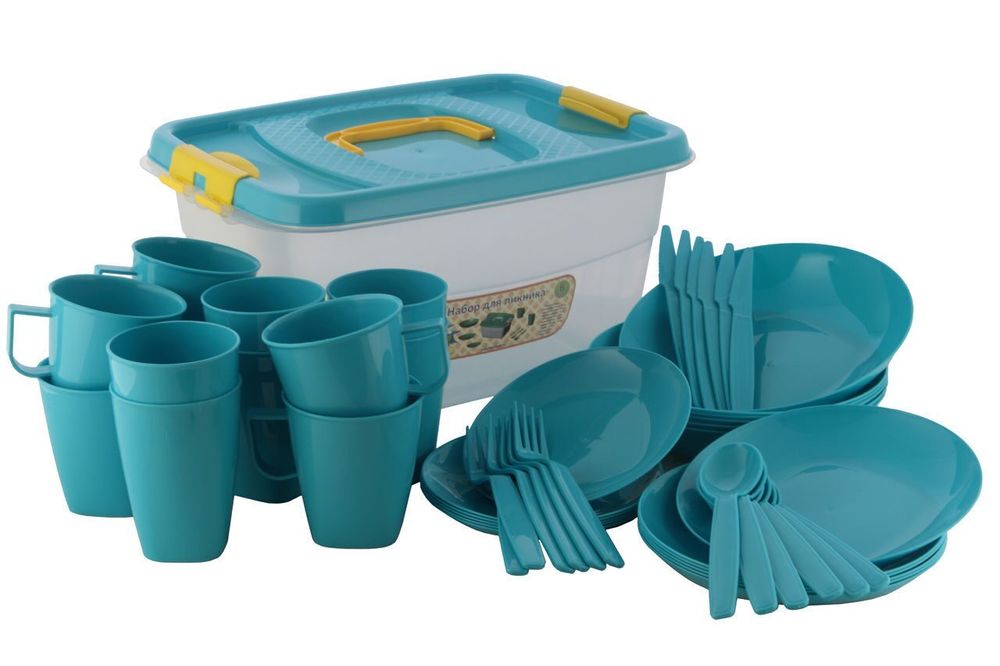 Набор пластиковой посуды для пикника на 6 персон, голубой