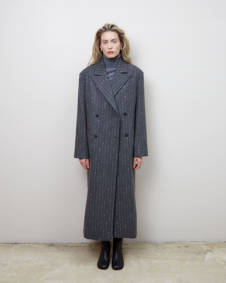 Пальто с дополнительными петлями из шерсти Стелла Маккартни полоска серый