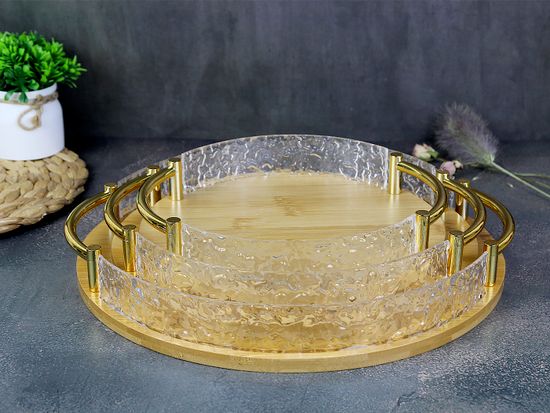 Поднос круглый 25 см. из бамбука с золотистыми ручками и бортиками из акрила