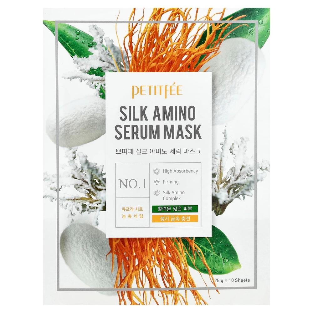 Petitfee, Silk Amino Serum, маска, 10 шт. по 25 г