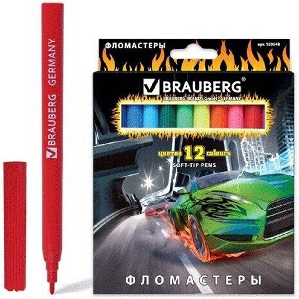 Фломастеры BRAUBERG "InstaRacing", 12 цветов, вентилируемый колпачок, карт. упаковка, выборочный лак, увел. срок службы, 150548