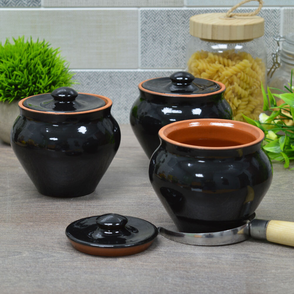 Набор 3 горшка для запекания "Черный янтарь" с крышками+ухват "Вятская керамика"