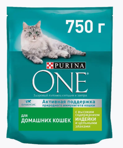 КОРМ PURINA ONE С ИНДЕЙКИ И ЦЕЛЬНЫМИ ЗЛАКАМИ 750ГР