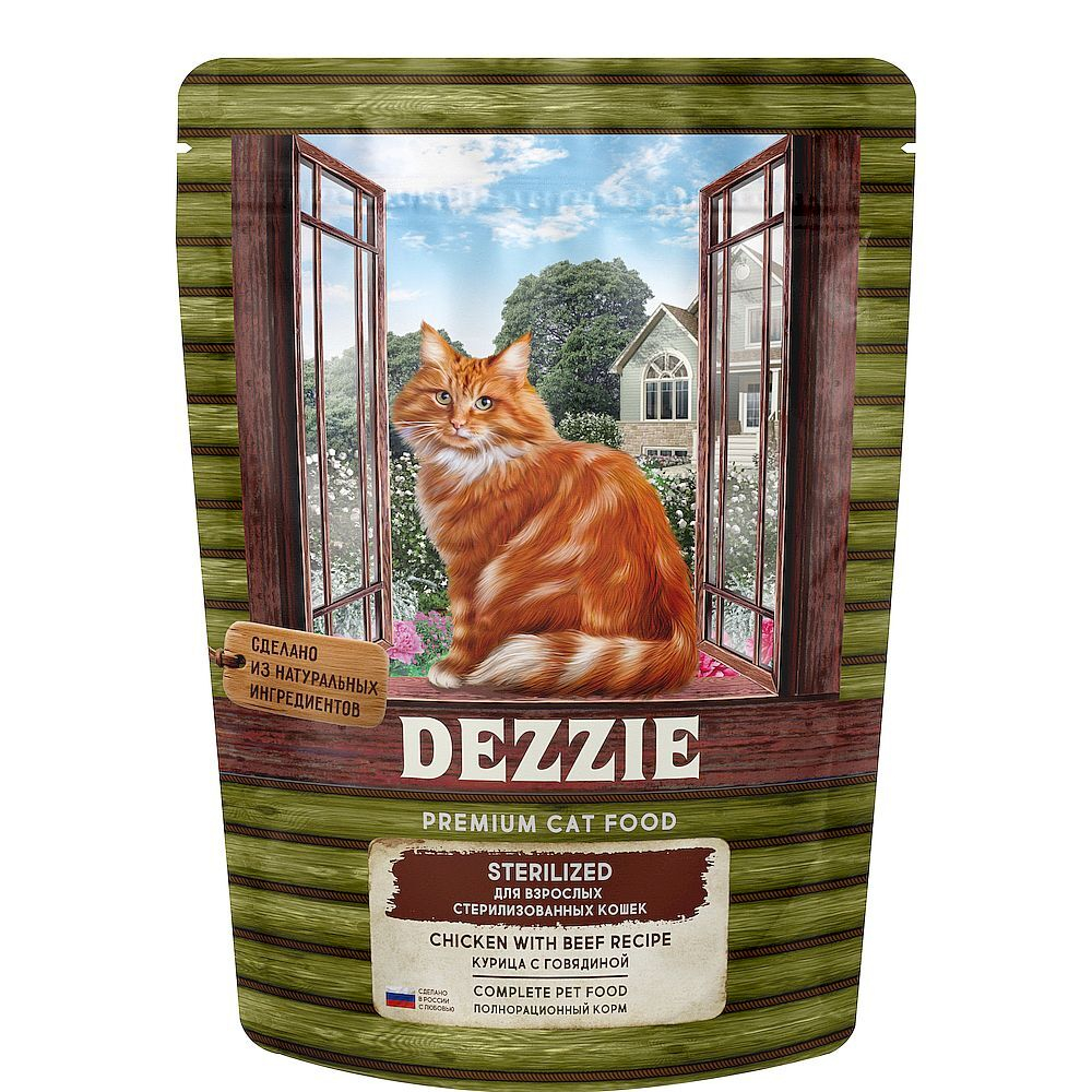 1Сухой корм для взрослых стерилизованных кошек DEZZIE Sterilized Cat с курицей и говядиной, Пакет 40