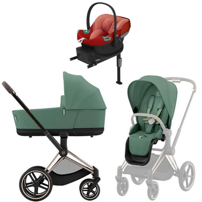 Коляска Cybex Priam IV Rosegold complete Aton S2 Hibiscus Red Base One 4 в 1 Leaf Green