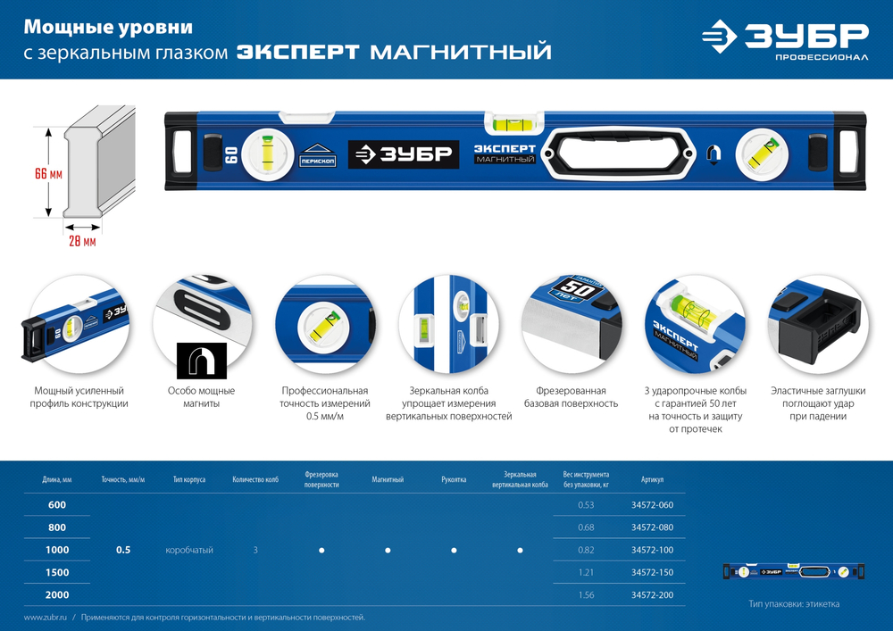 ЗУБР ЭКСПЕРТ-М, 2000 мм, с зеркальным глазком, мощный магнитный уровень, Профессионал (34572-200)