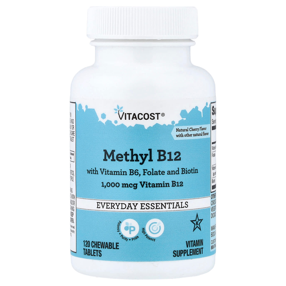 Vitacost, метил B12 с витамином B6, фолатом и биотином, натуральный вишневый вкус, 120 жевательных таблеток