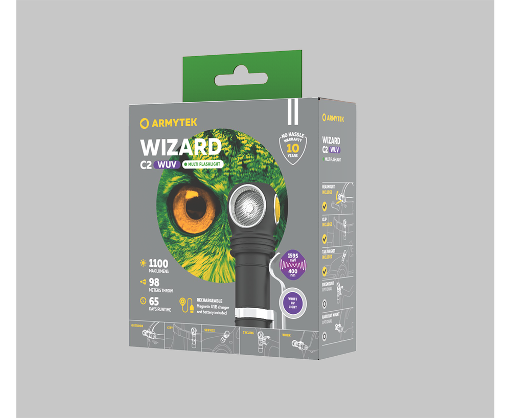 Фонарь налобный Armytek Wizard C2 WUV, белый свет и ультрафиолет, 1100 лм и 1595 мВт (400 нм), TIR 70°:120°, 1x18650 (в комплекте)