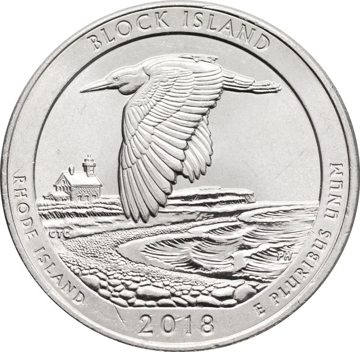 25 центов (1/4 доллара, квотер) 2018 США «Национальный заповедник Остров Блок» (P) (45-й парк)