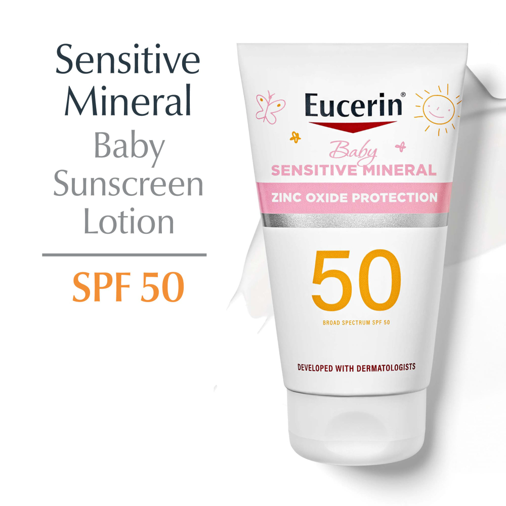 Eucerin, Для детей, минеральный солнцезащитный лосьон для чувствительной кожи, SPF 50, без отдушек, 118 мл (4 жидк. унц.)