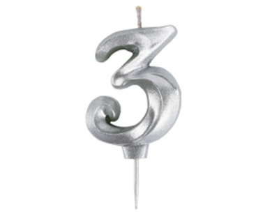 Свеча Цифра 3 витая серебро 5см