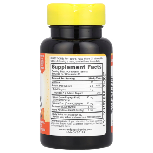 Sundance Vitamins, Жевательные ферменты папайи, натуральные тропические, 100 жевательных таблеток