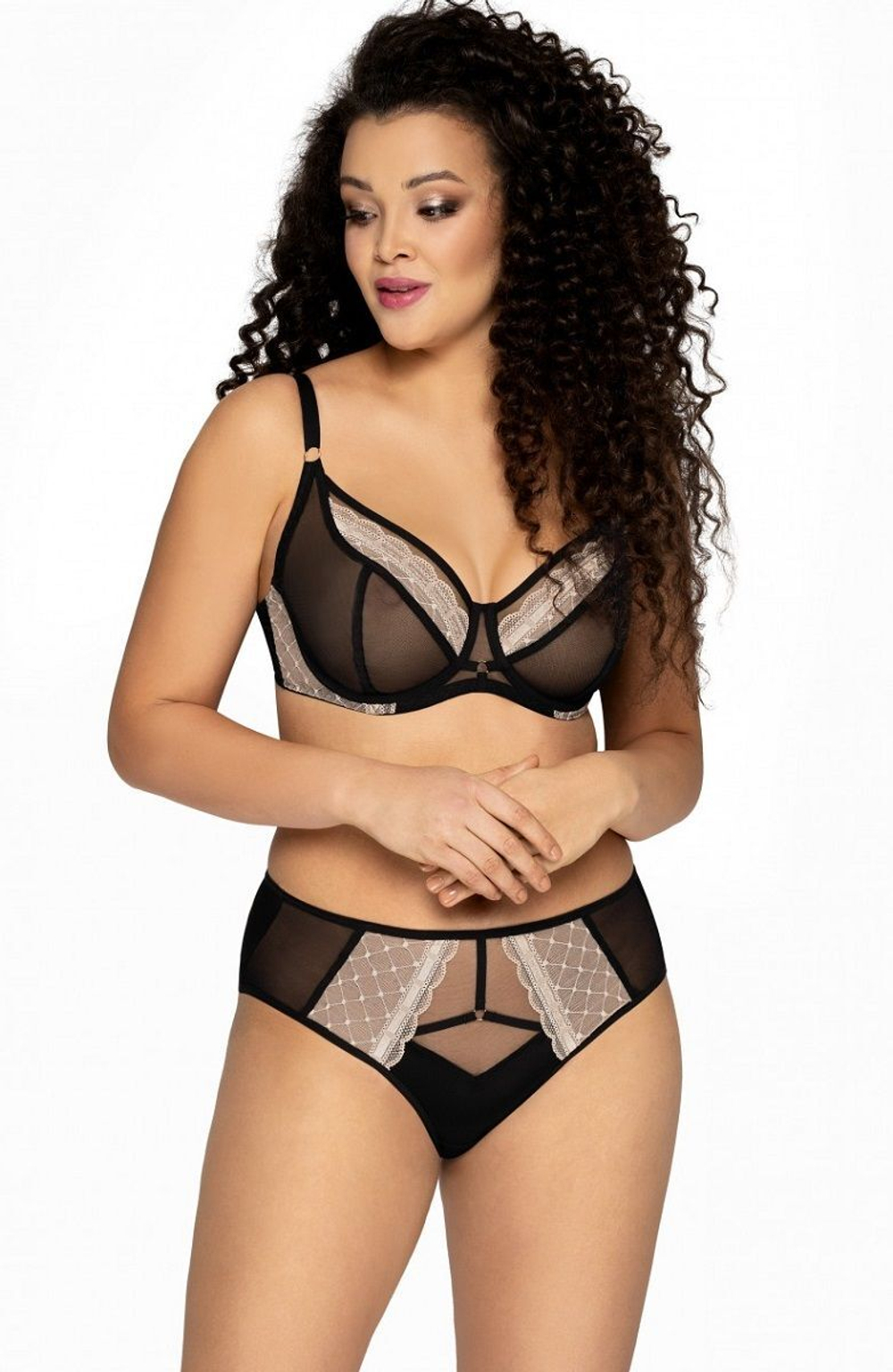 Бюстгальтер с чашками plus size с сеткой и контрастным кружевом (Размер: 90H) (Цвет: черный)