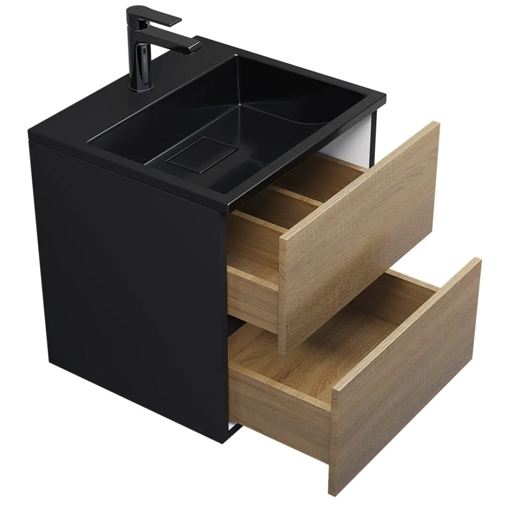 Тумба с раковиной Uperwood Barsa 50 см, раковина черная глянцевая, подвесная тумба черная/дуб сонома