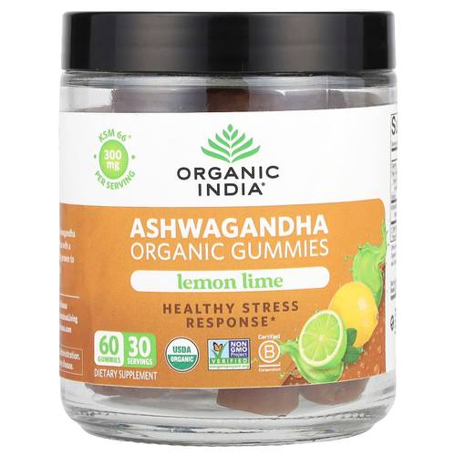 Organic India, Органические жевательные мармеладки ашваганда, лимон и лайм, 60 жевательных мармеладок (150 мг в каждой жевательной мармеладке)