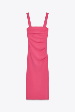ZARA ПЛИССИРОВАННОЕ ПЛАТЬЕ МИДИ, ЦВЕТ ФУКСИИ