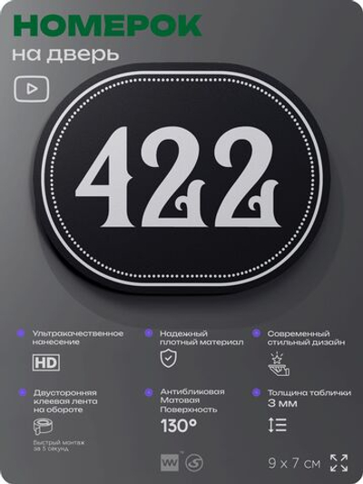 Номерок на дверь квартиры 422, для кабинета, офиса, шильдик 9 х 7 см, черный, Айдентика Технолоджи