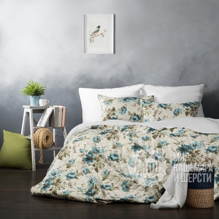 Комплект штор и покрывала из хлопка ВИЛЛА (арт. BL10-105-01)  -   (145х270)х2 см., покрывало 230х250 см. - голубой