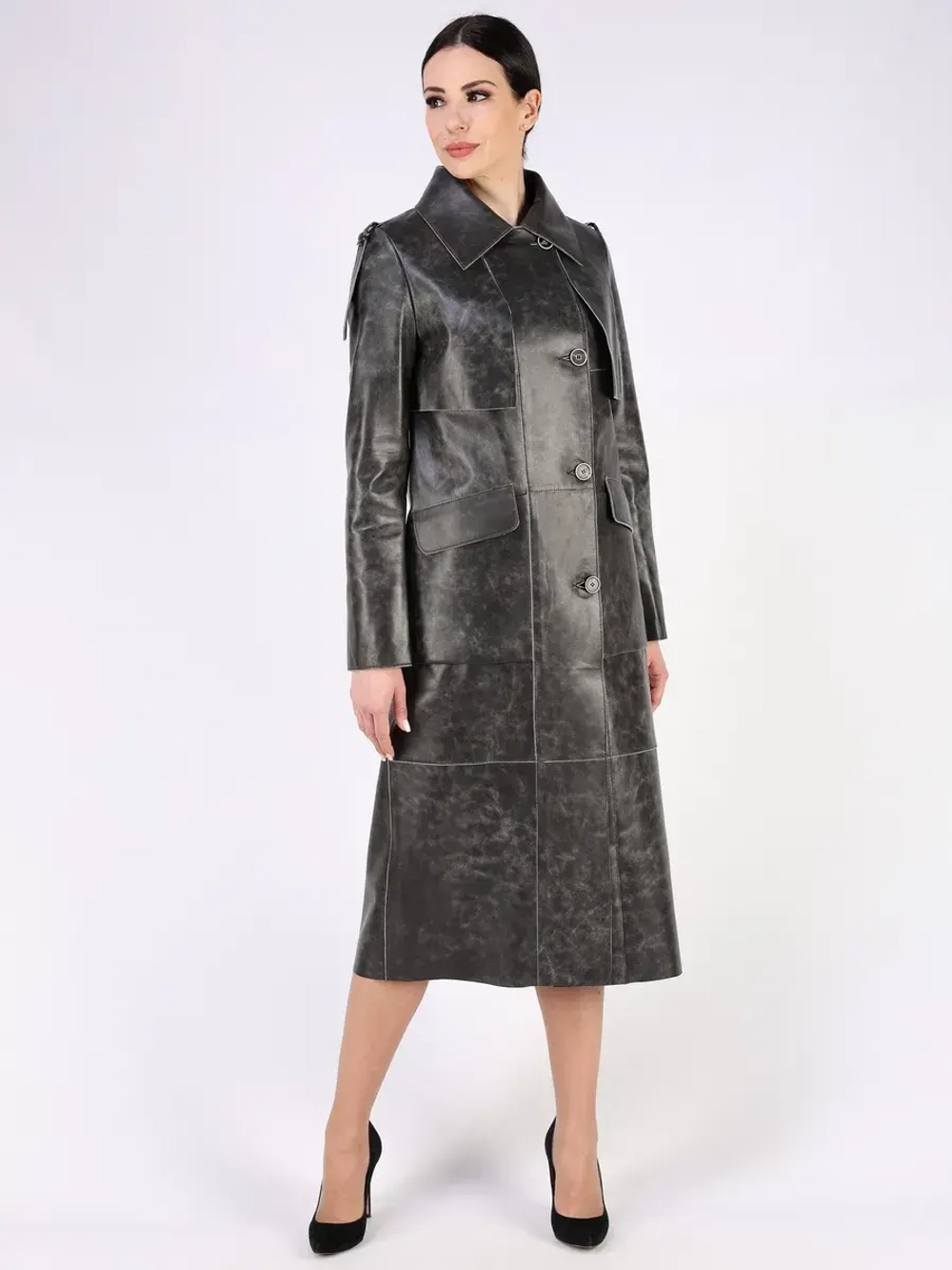 Кожаный тренч длинный с поясом плащ на осень