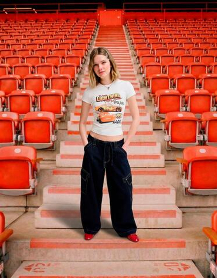 BERSHKA Футболка с принтом Cars, белый