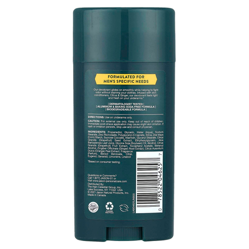 Jason Natural, Для мужчин, дезодорант, без алюминия, цитрус и имбирь, 71 г (2,5 унции)