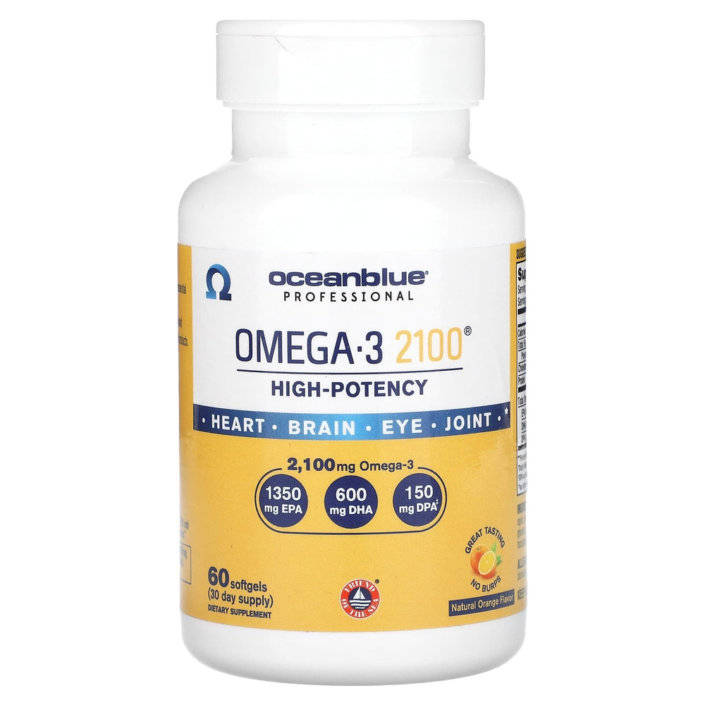 OceanBlue, Professional, омега-3 2100, высокоэффективный продукт, со вкусом натурального апельсина, 60 капсул (1050 мг в 1 капсуле)