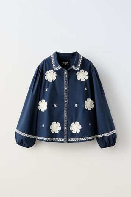 ZARA КУРТКА-РУБАШКА С КОНТРАСТНОЙ ВЫШИВКОЙ, СИНИЙ