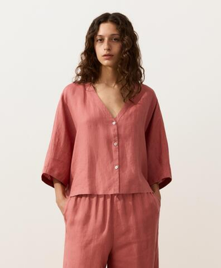 Oysho Рубашка с коротким рукавом из 100% льна, коралловый