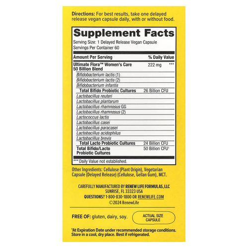 Renew Life, Ultimate Flora™, пробиотик, 50 млрд КОЕ, 60 веганских капсул с отсроченным высвобождением