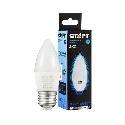 Лампа светодиодная LED Старт ECO Свеча, E27, 7 Вт, 6500 K, холодный белый свет