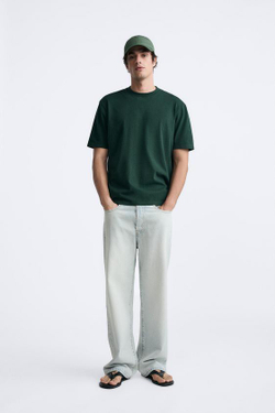 ZARA ФУТБОЛКА MEDIUM WEIGHT, ТЕМНО-ЗЕЛЕНЫЙ