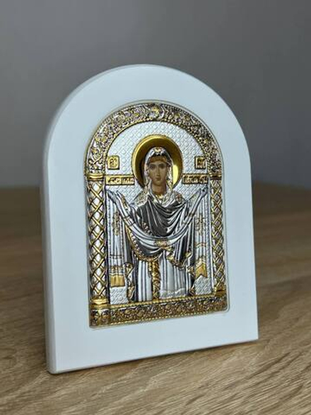 Покрова БМ, икона арочная, белое дерево 86х112