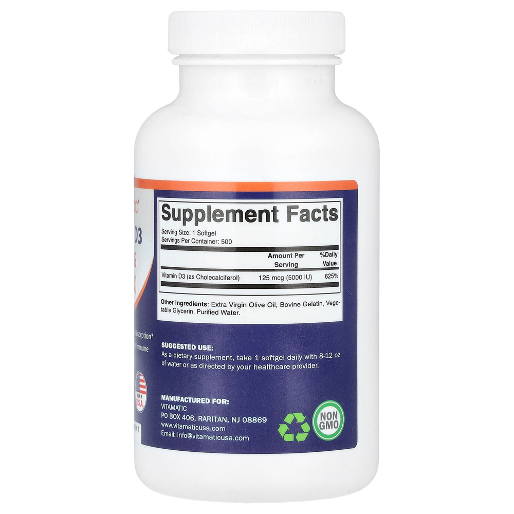 Vitamatic, Витамин D3, 125 мкг (5000 МЕ), 500 мягких таблеток