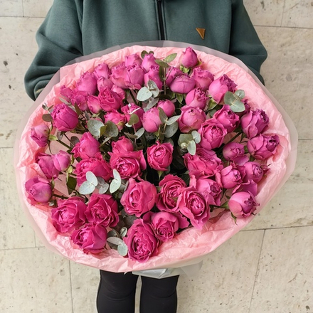 Букет из 13 кустовых пионовидных роз сорта "Julietta Cerise" с эвкалиптом