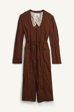 ZARA ДЛИННОЕ ПАЛЬТО ИЗ ХЛОПКА, КОРИЧНЕВЫЙ