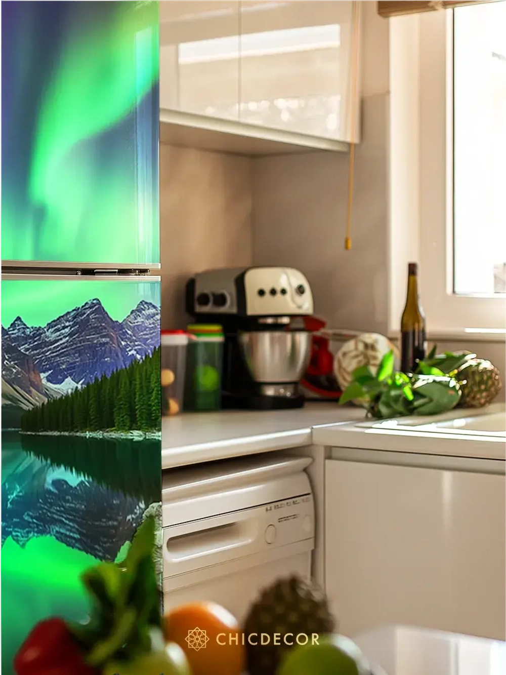 Наклейка на холодильник красочная Северное сияние