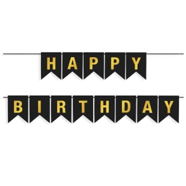 Гирлянда Флажки, Happy Birthday, Черный/Золото, Металлик, 500 см, 16*12 см, 1 упак.