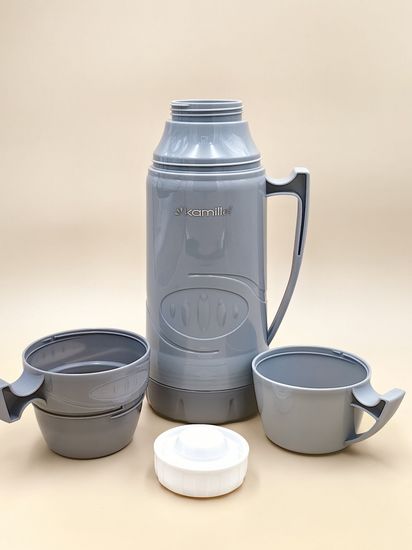 Термос 1 л. со стеклянной колбой Kamille KM 2031 пластиковый, 2 чашки