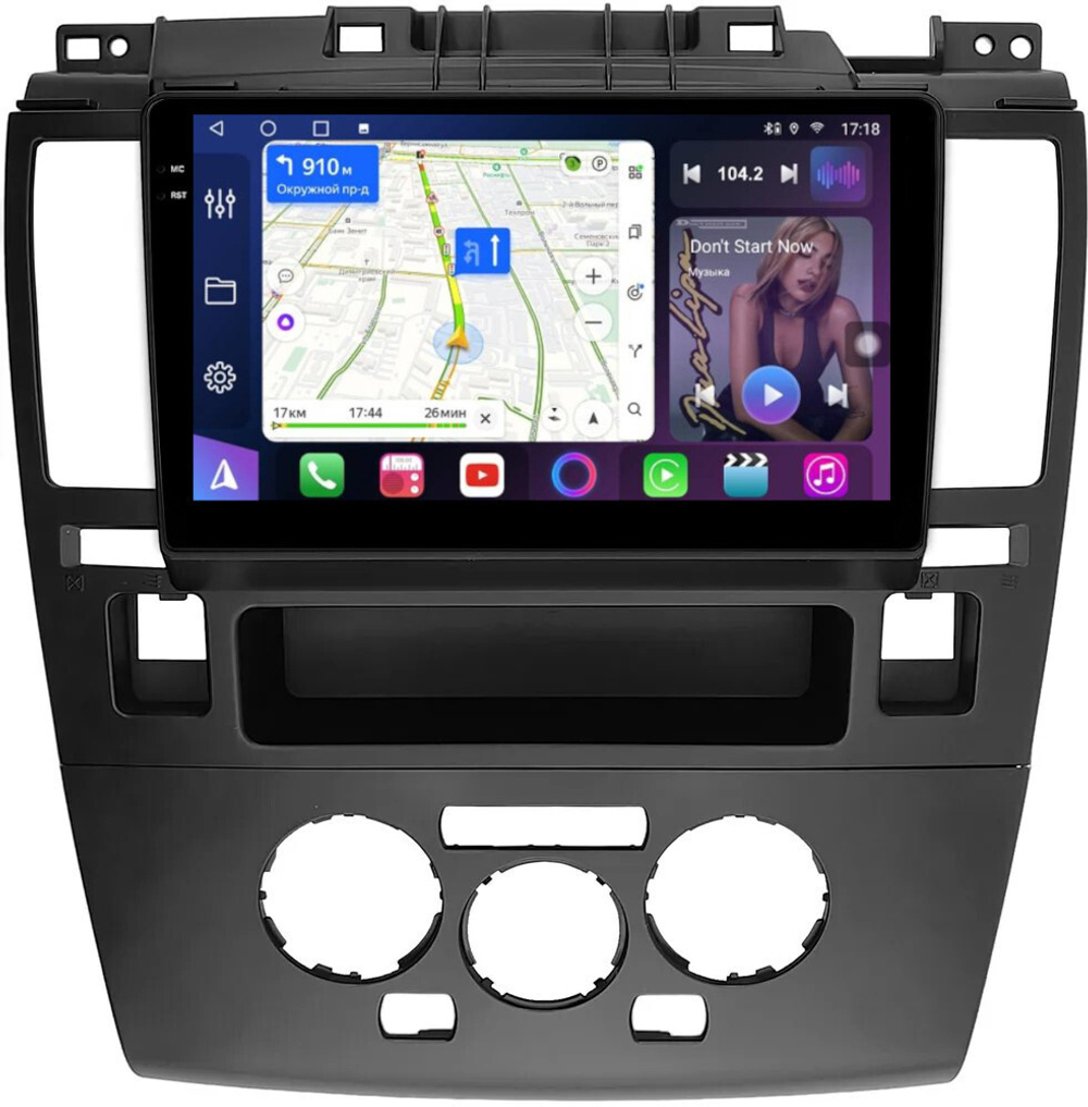Магнитола для Nissan Tiida C11 2004-2013 (климат с круглым экранчиком, рамка черная) - FarCar BM9-1148CLB монитор 9.5" QLED на Android 14, TS10, 4+32Гб, CarPlay, 4G SIM-слот
